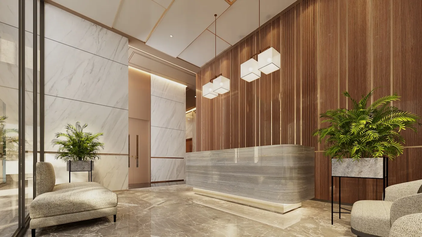 Réception d'hôtel moderne avec comptoir en marbre
